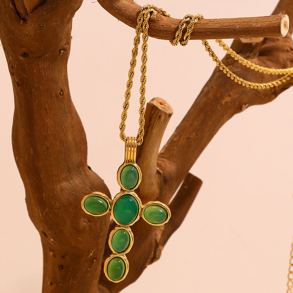 18k Gold Stainless Steel Waterproof Green/Red Color Oval Gemstone Cross Pendant Necklace