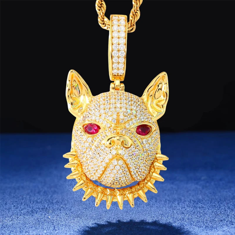 Frenchie | Moissanite Diamond 925 Sterling Silver Spiked Collar French Bull Dog Hip Hop Pendant