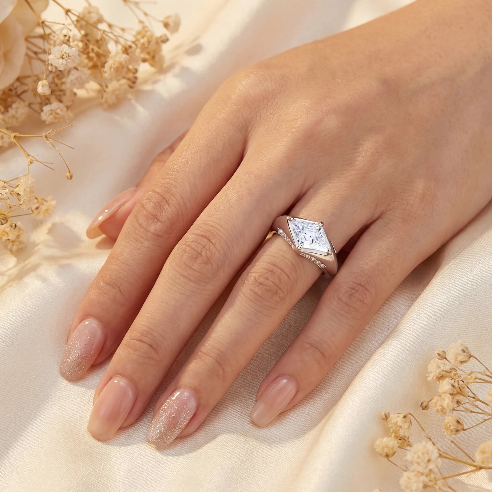 The Lozenge Cut | Moissanite Diamond Solid  925 Sterling Silver Luxury Statement Engagement Ring