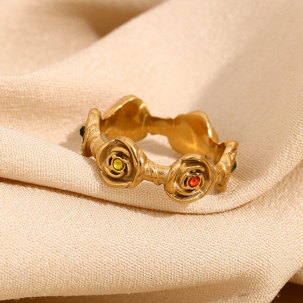 18k Gold Waterproof Stainless Steel Colorful CZ Rose Flower Cross Necklace Earring Ring Set