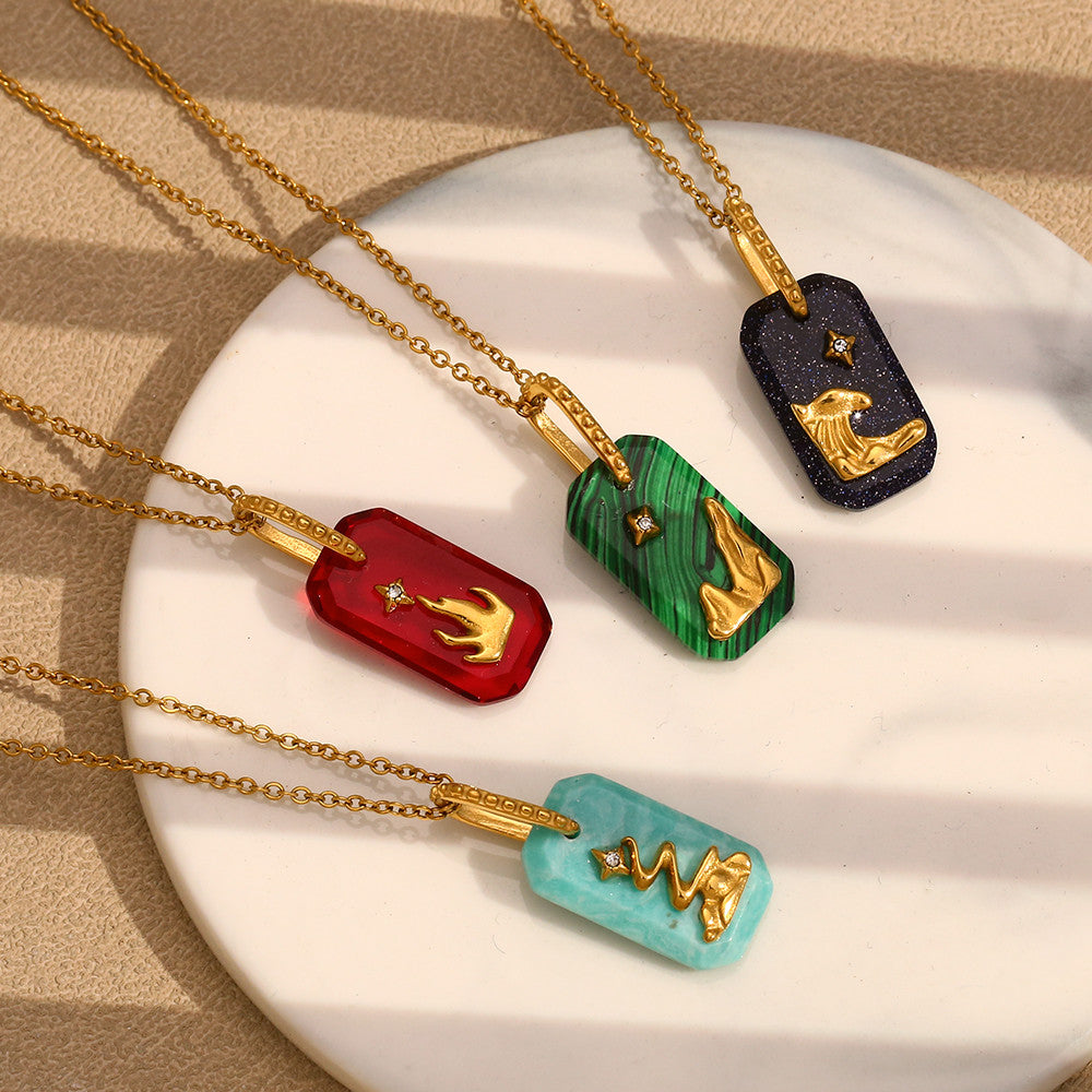 Ladies 18k Gold Stainless Steel Colorful Rectangle Star Lion Pendant No Fade Necklace