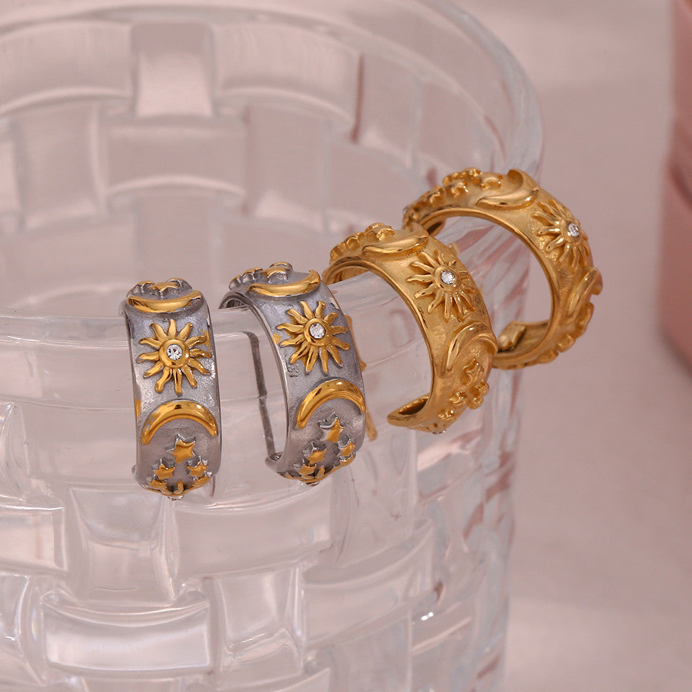 The Universe | Moon Sun Star 18k Gold Over Stainless Steel Chunky Hoop Earrings