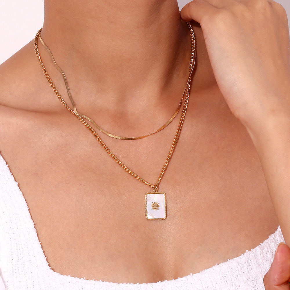 Double Layer Herringbone Twisted Chain Square Sun Ray Shell Sun Pendant Necklace