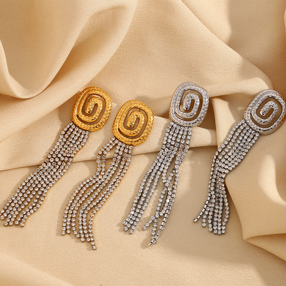 Ladies 18K Gold No Fade Stainless Steel Luxury Vortex Ful CZ Tassel Earrings