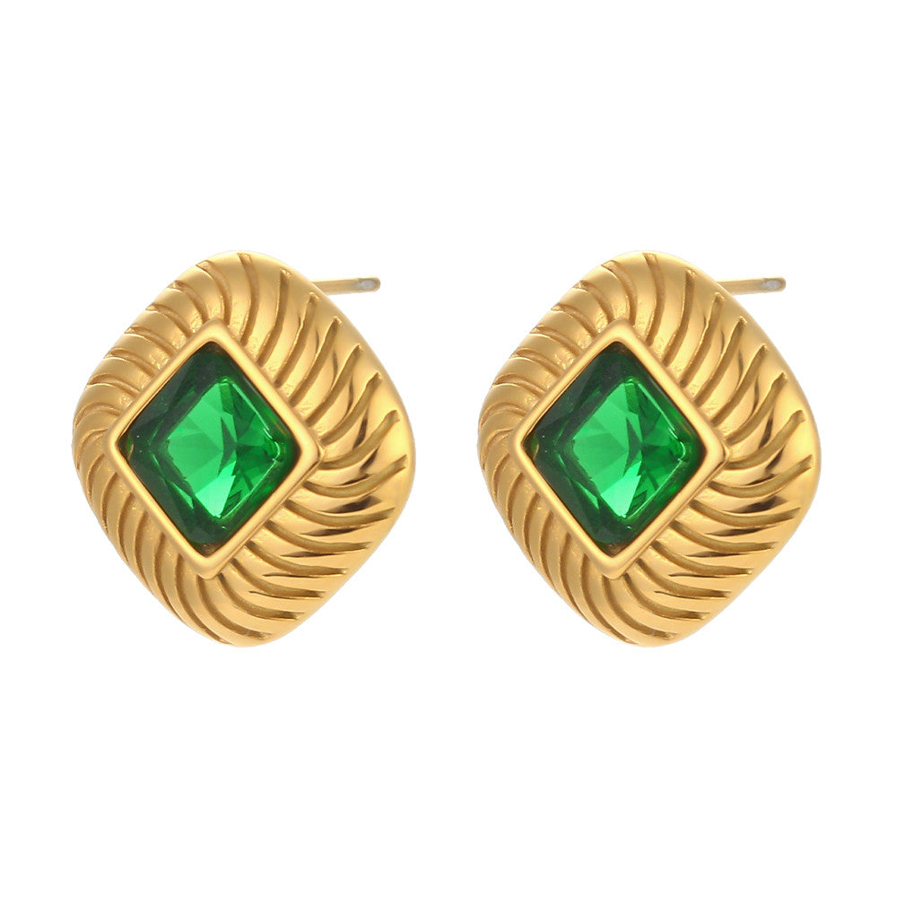 18k Gold Stainless Steel Square Texture Zircon Stone Stud Luxury Bling Earrings