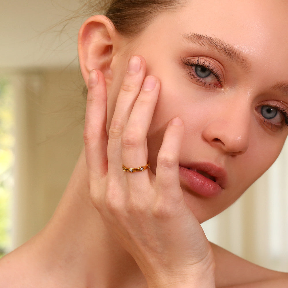 Ladies CZ 18k Gold Solid Stainless Steel Star Wave Stone Everyday Wear Ring