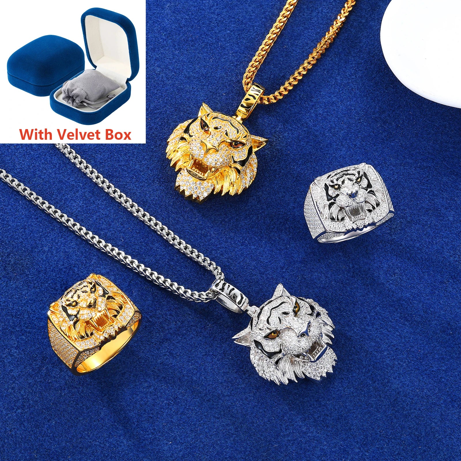 Tiger Pride Collection | 925 Sterling Silver Moissanite Diamond Tiger Pendant Ring Jewelry Set