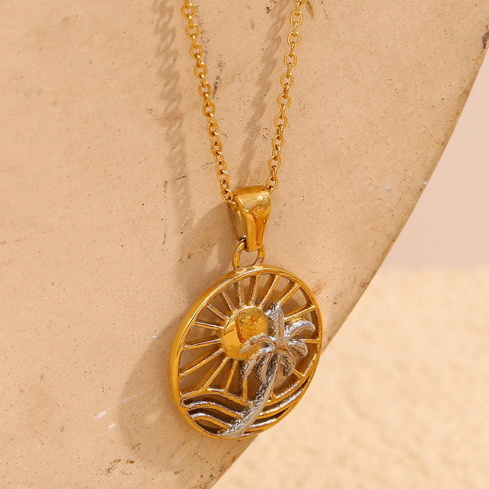 Ladies 18k Gold Waterproof Solid Stainless Steel Sun Coconut Palm Tree Pendant Necklace