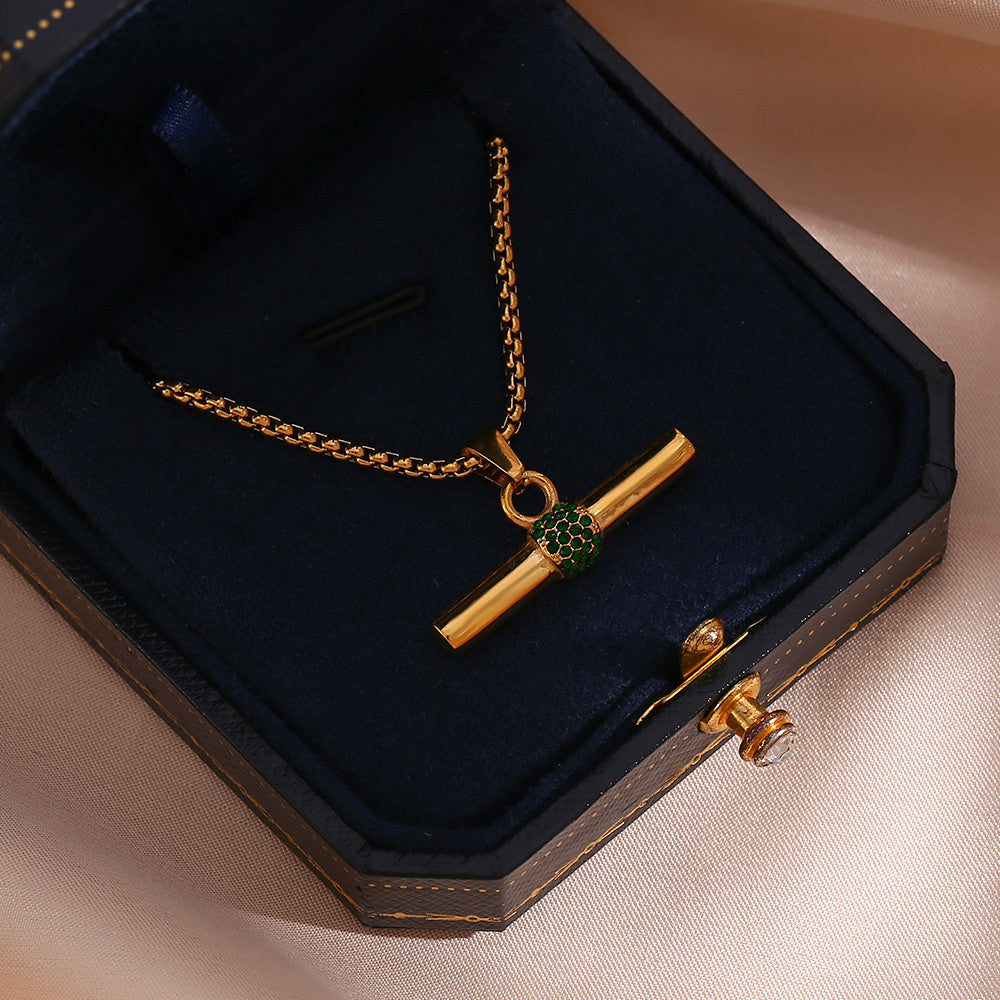 Stainless Steel Green CZ T Bar Pendant Square Pearl 18k Gold Hip Hop Chain Necklace