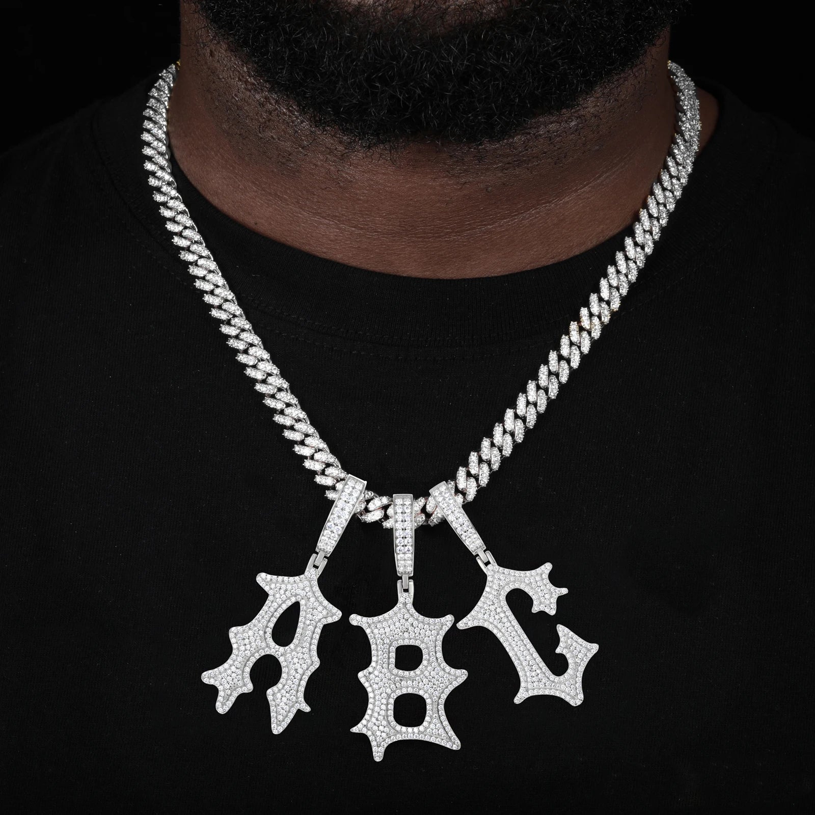 Ancient Text | Solid 925 Sterling Silver Moissanite Diamond Initial Letter Hip Hop Pendants