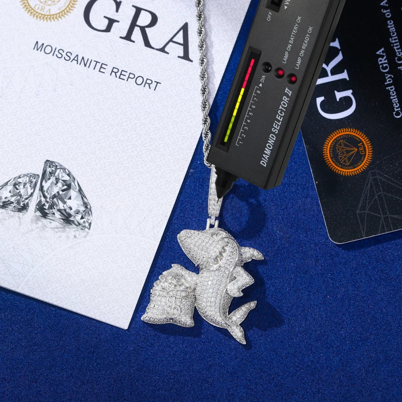 Hustler Shark | 925 Sterling Silver Iced Blinged Out Out Moissanite Shark Money Bag Pendant