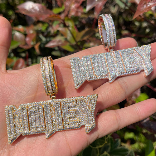 Money | VVS Diamond CZ Iced Blinged Out Baguette Hip Hop Name Plate Pendant