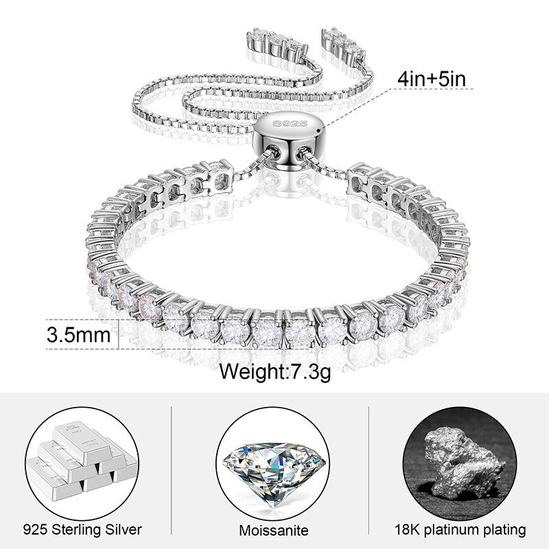 Genuine VVS Diamond Prong Set Adjustable Iced Blinged Out Solid Silver Tennis Bracelet