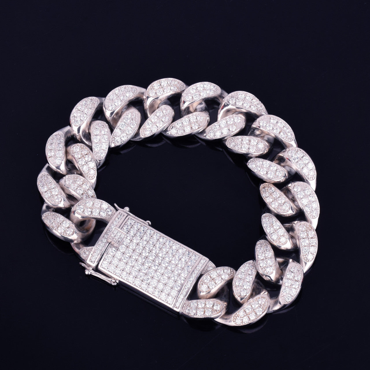 Solid 925 Sterling Silver 24k Hand Set AAA Simulate Diamond Stone Miami Cuban Link Bracelet