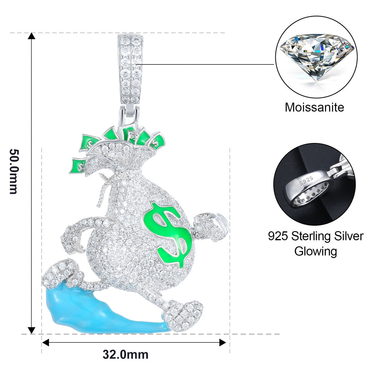 Diamond Dash | Flooded Ice Moissanite Diamond Running Money Bag Hip Hop Pendant