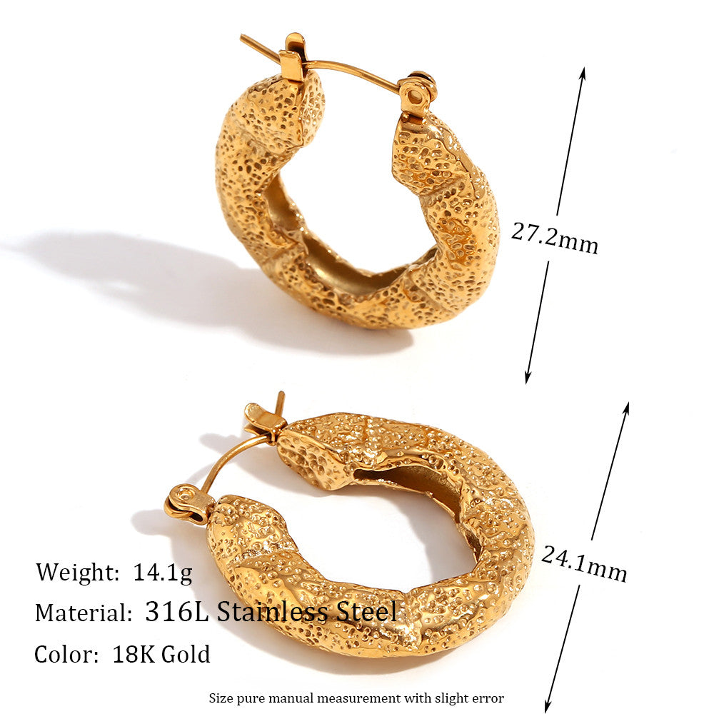 18k Gold Over Solid Stainless Steel Hammered Pattern Hollow Oval Zircon Heart Earrings