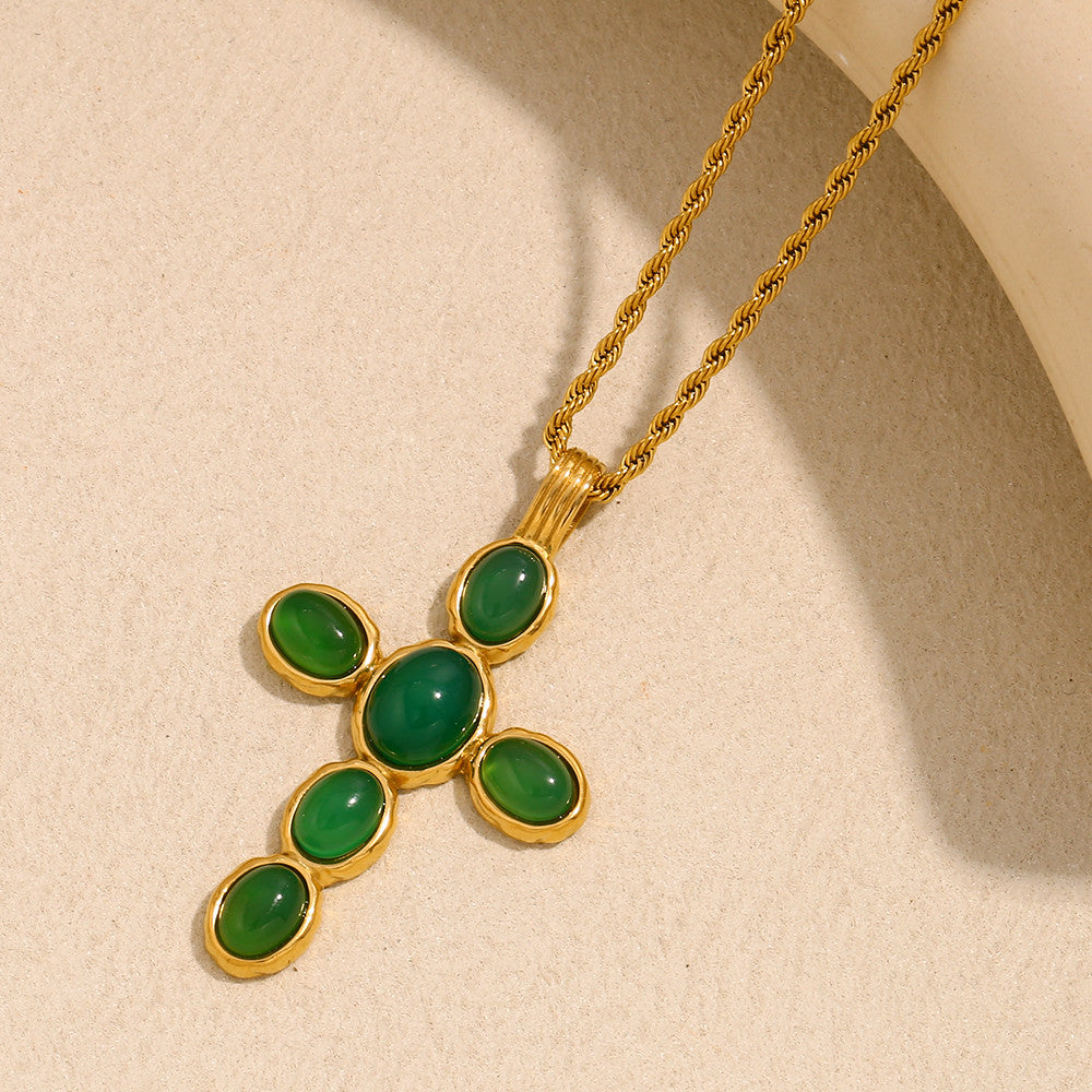 18k Gold Stainless Steel Waterproof Green/Red Color Oval Gemstone Cross Pendant Necklace