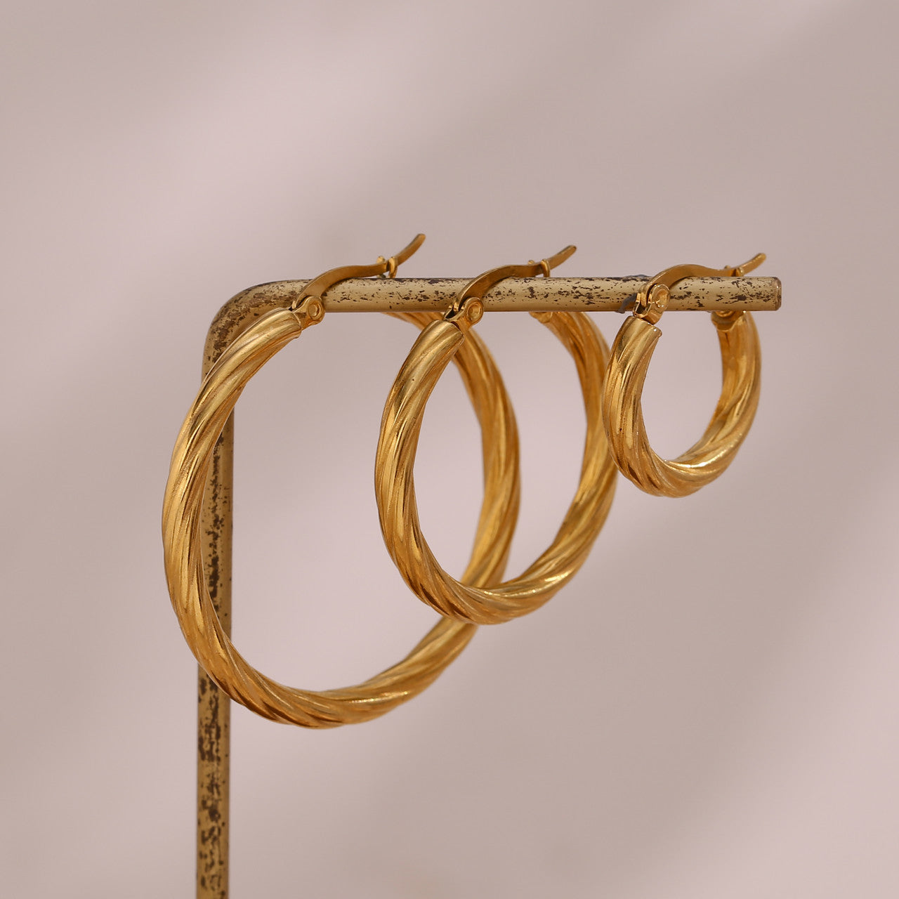 Ladies 18k Gold Twisted Hoop Solid Stainless Steel Waterproof Bling Earrings