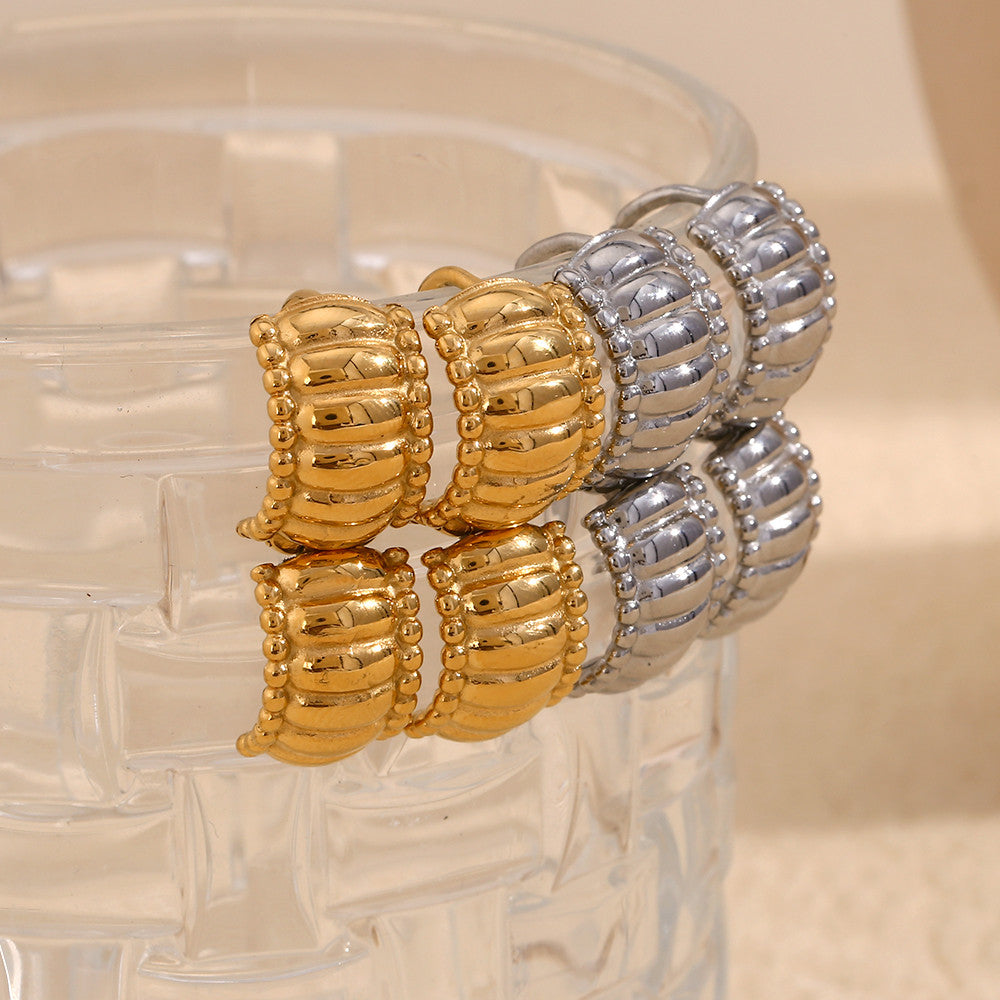 Ladies Beads Edge 18k Gold Stainless Steel Thread Pattern Round Hoop Earrings