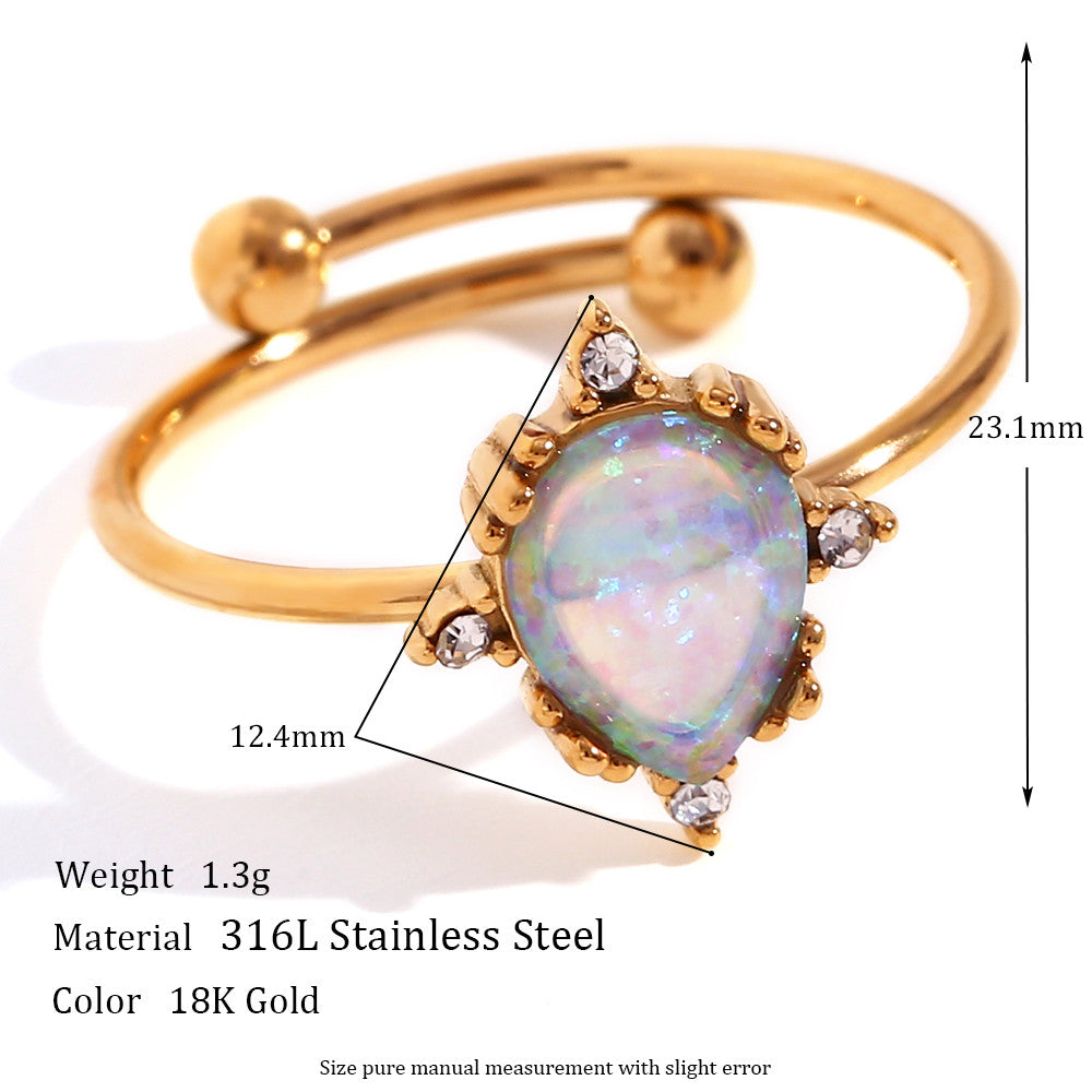 18k Gold Adjustable Circle Heart Sun Teardrop Natural Opal Stone Waterproof Rings