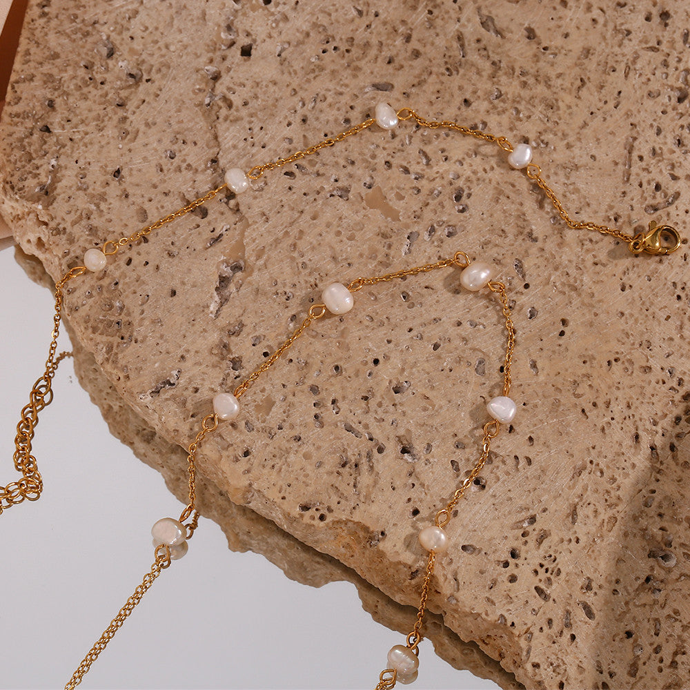 Ladies Anti-allergy 18k Gold Over Stainless Steel Freshwater Pearl Chain Necklace Bracelets Set