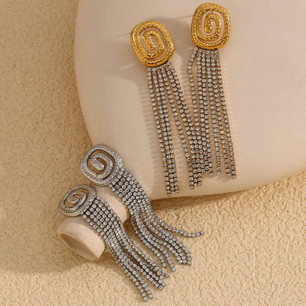 Ladies 18K Gold No Fade Stainless Steel Luxury Vortex Ful CZ Tassel Earrings