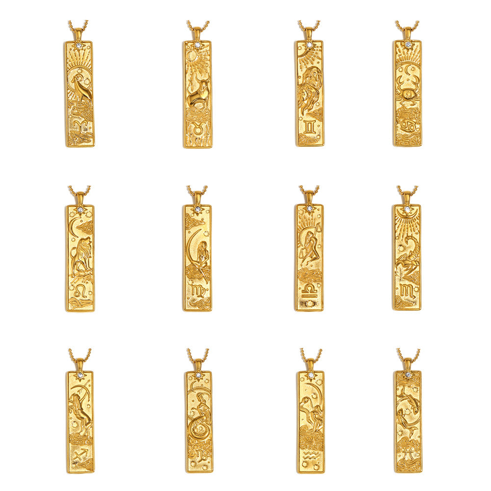 Ladies 18k Gold Waterproof Stainless Steel Rectangle Shape 12 Constellation Pendant Necklace