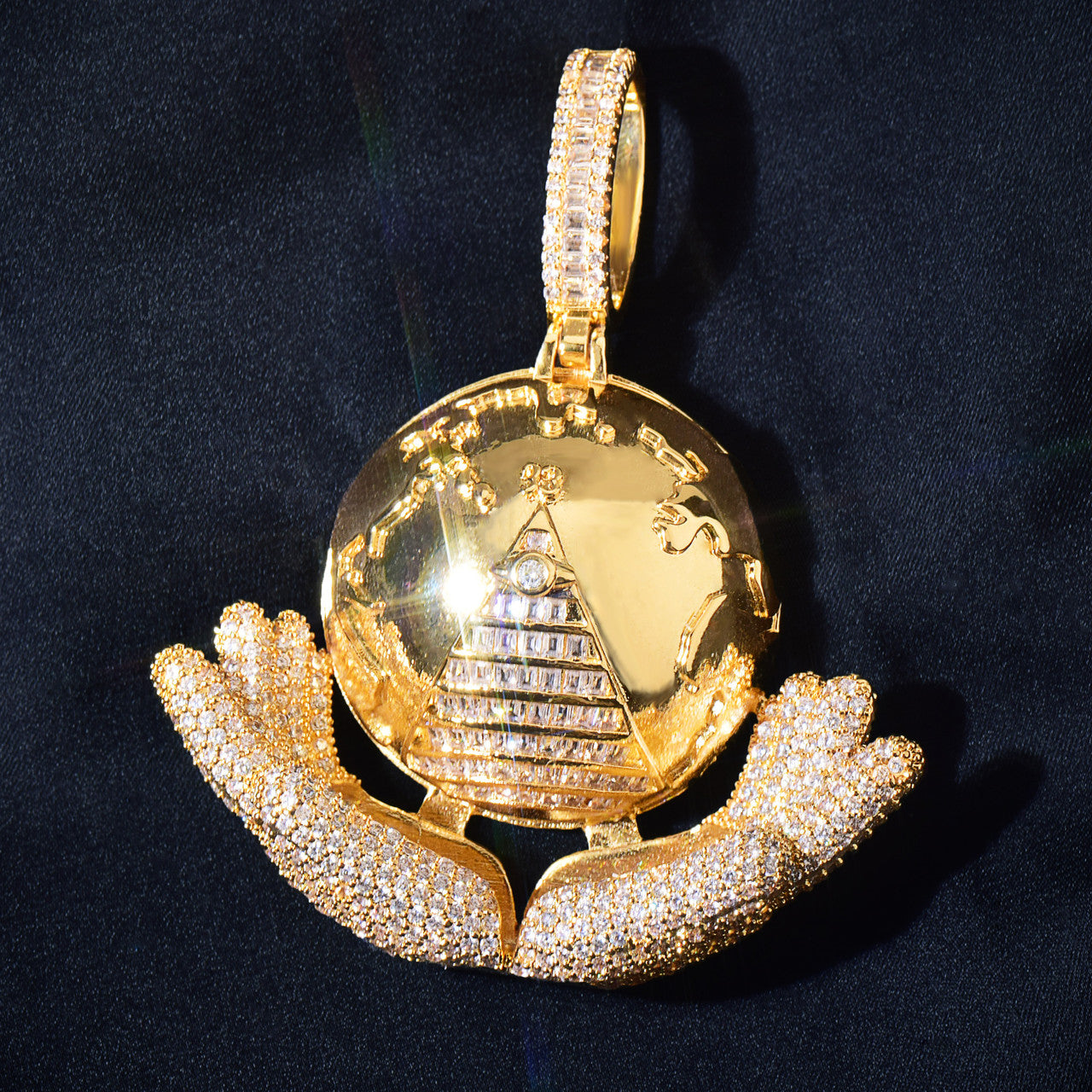 My World |  Iced Blinged Out Baguette The World In My Hands Pyramid Illumination Pendant