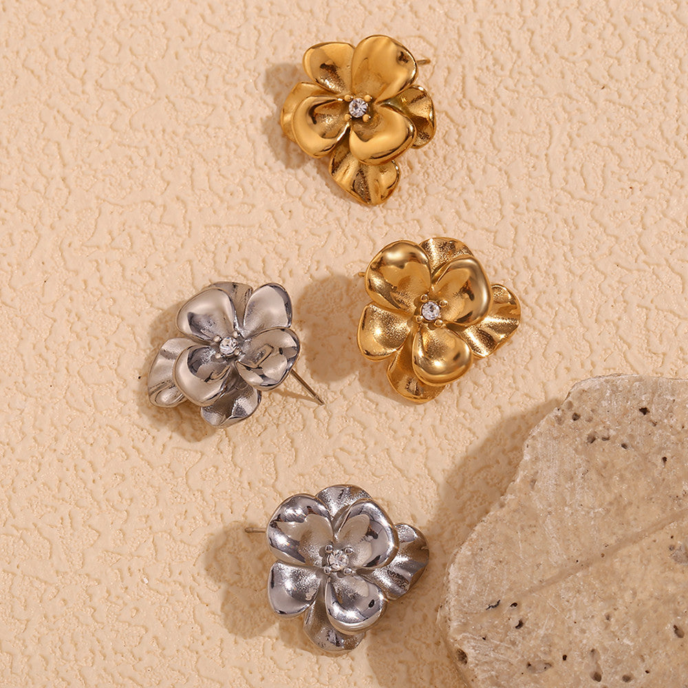 Stainless Steel Retro Flower Double Layer 18k Gold Silver Waterproof Earrings