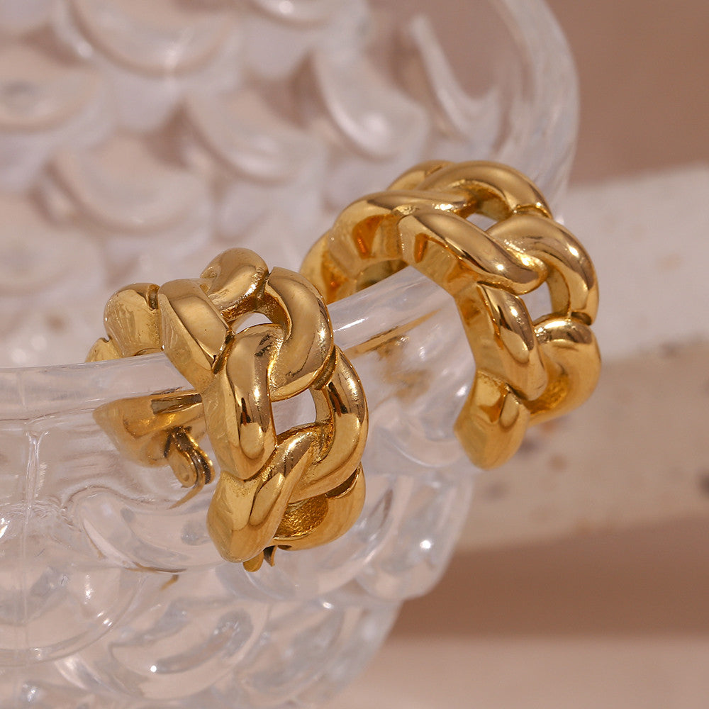 Ladies 18K Gold Stainless Steel Hollow Cuban Link Chain Texture Chunky Hoop Earrings