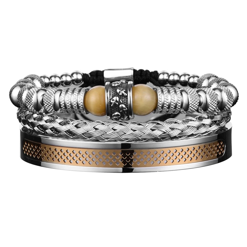 Tiger Eye | Natural Stone 3 Piece Stainless Steel Luxury No Fading Adjustable Bracelets