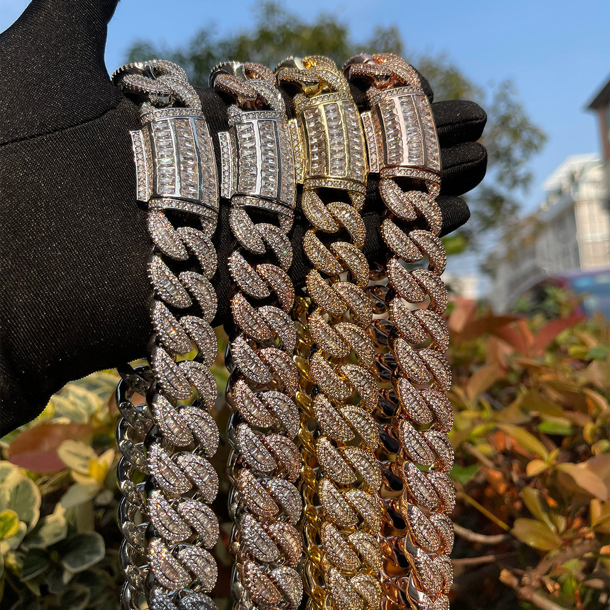 Mens Iced Blinged Out Baguette Clasp Hip Hop Cuban Link Starboy Chain Necklace