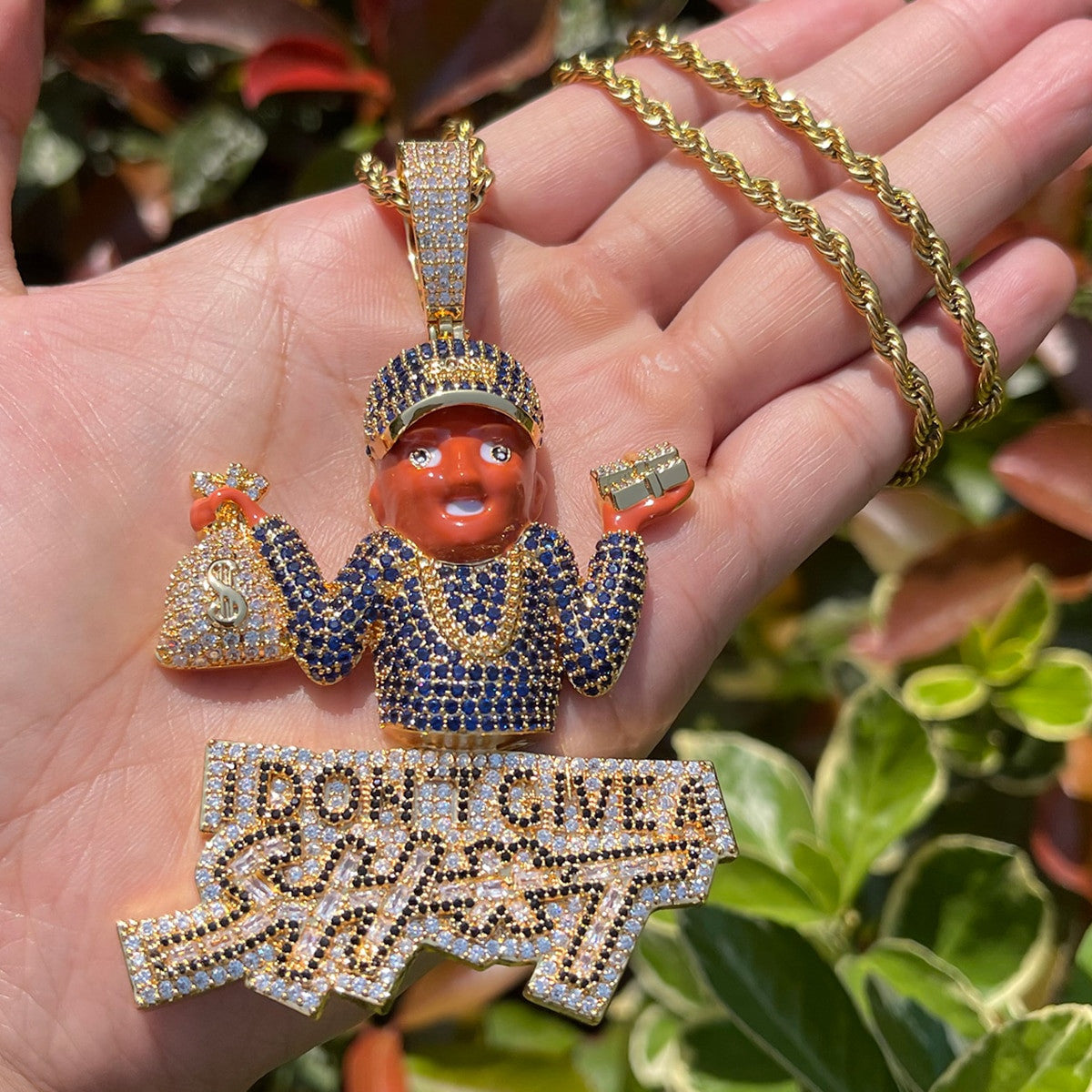 I Dont Give a Sh*t | Iced Blinged Out Money Bag Hip Hop Pendant Chain Necklace