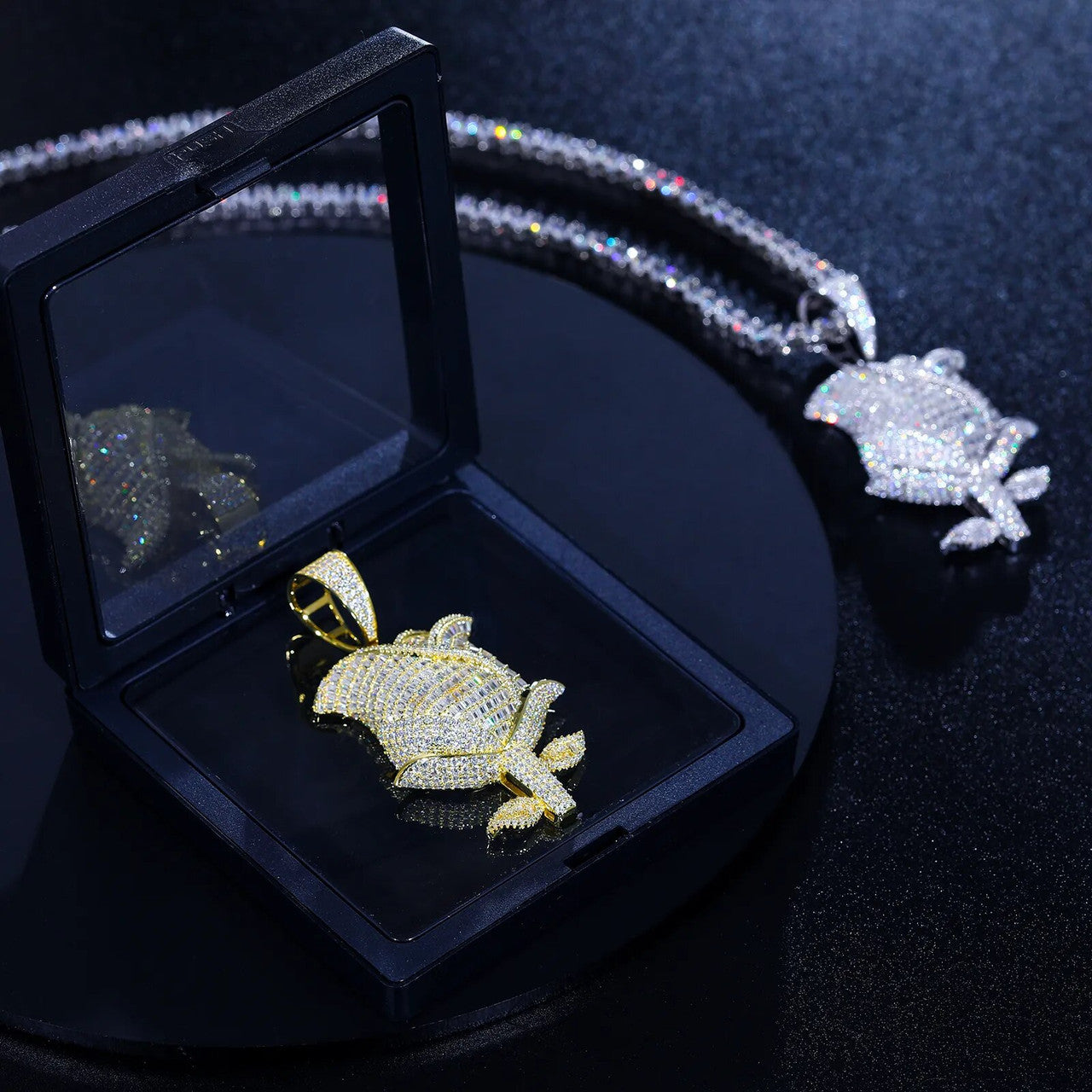 Iced Blossom | Moissanite Diamond Solid Sterling Silver Baguette & Round Stone Rose Pendant