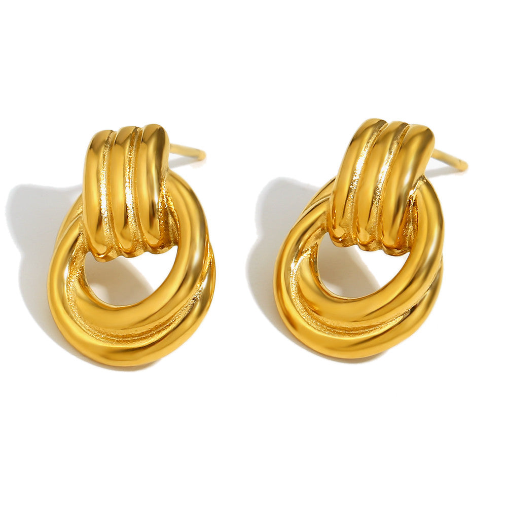 Ladies Classic Line Cross Circle Stud 18k Gold Tarnish Free Stainless Steel Earrings