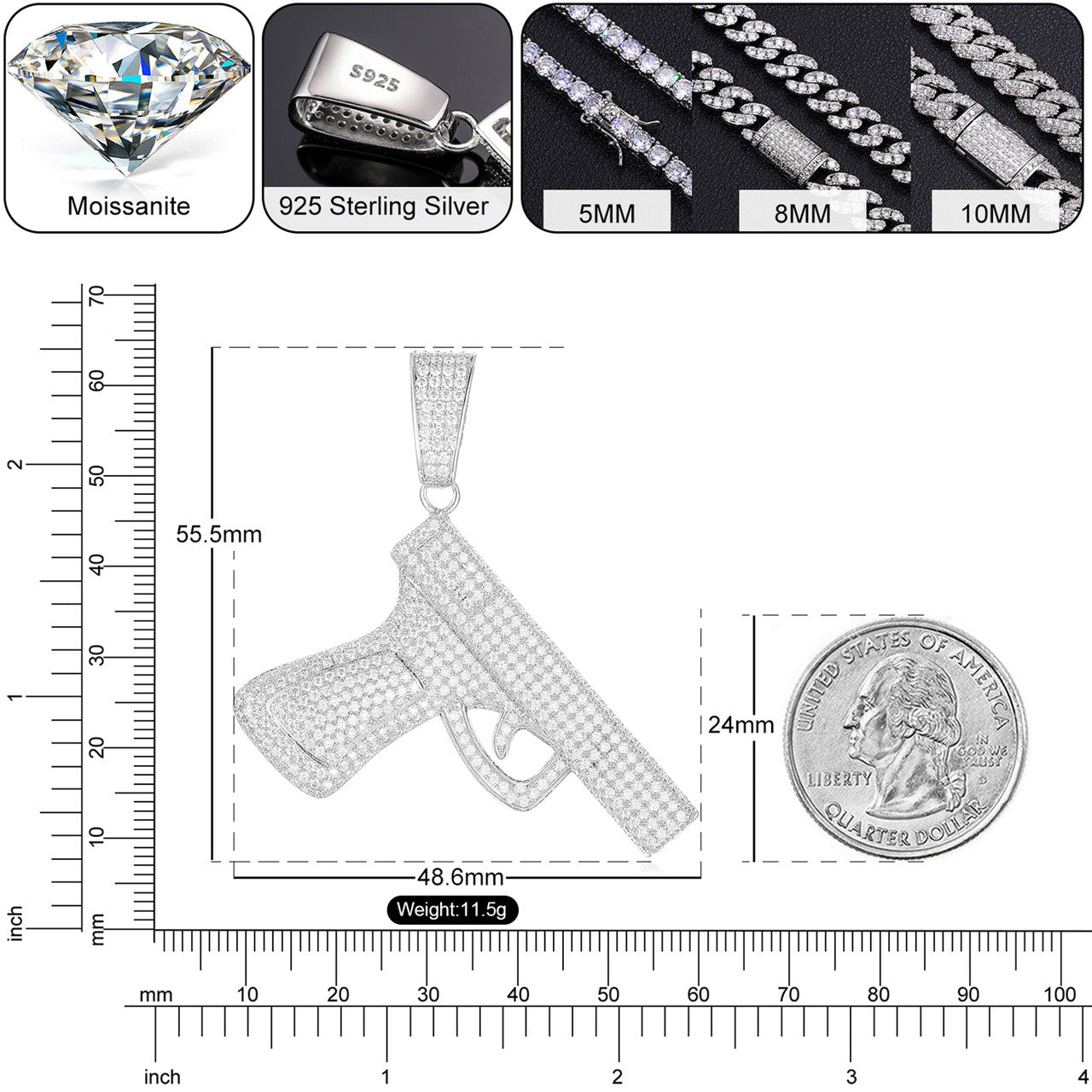 Mens Street Wear VVS Lab Diamond 925 Sterling Silver Pistol Gun Hip Hop Pendant