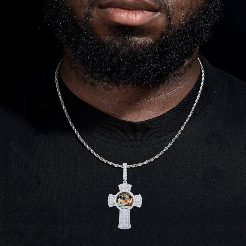 Memory Cross | Moissanite Diamond Solid 925 Silver Custom Photo Cross Iced Pendant