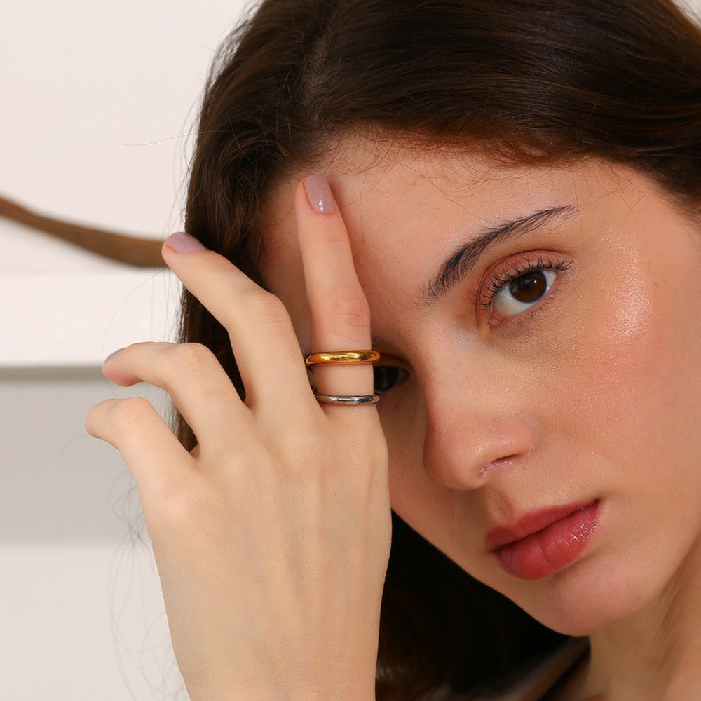 18k Gold Waterproof Stainless Steel Overlapping Double Color Stackable Rings thumbnail