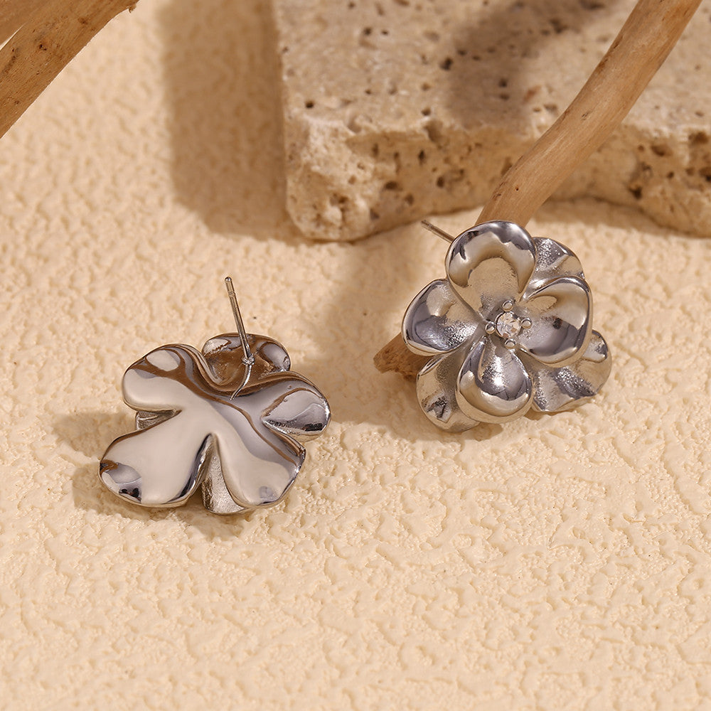 Stainless Steel Retro Flower Double Layer 18k Gold Silver Waterproof Earrings