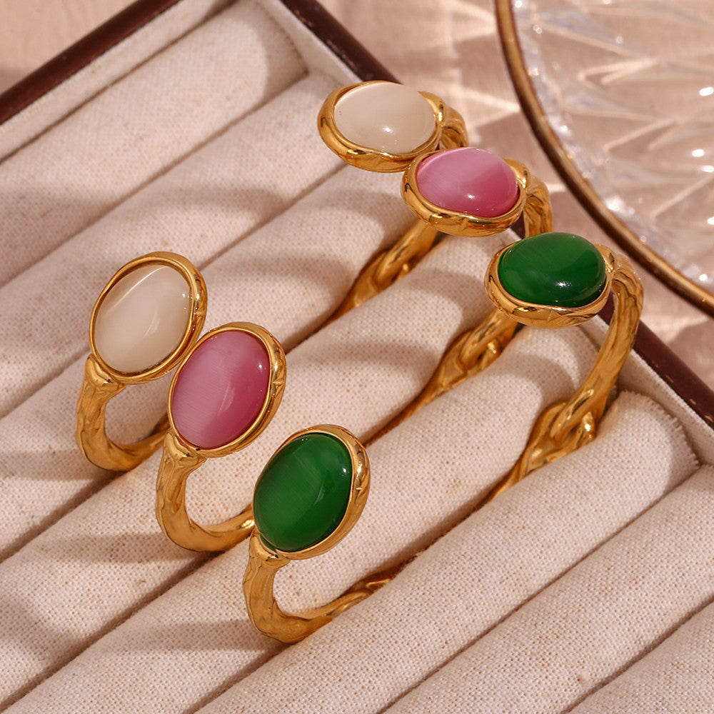 18k Gold Stainless Steel Oval Natural Stone Open Irregular Green Agate Crystal Bracelets