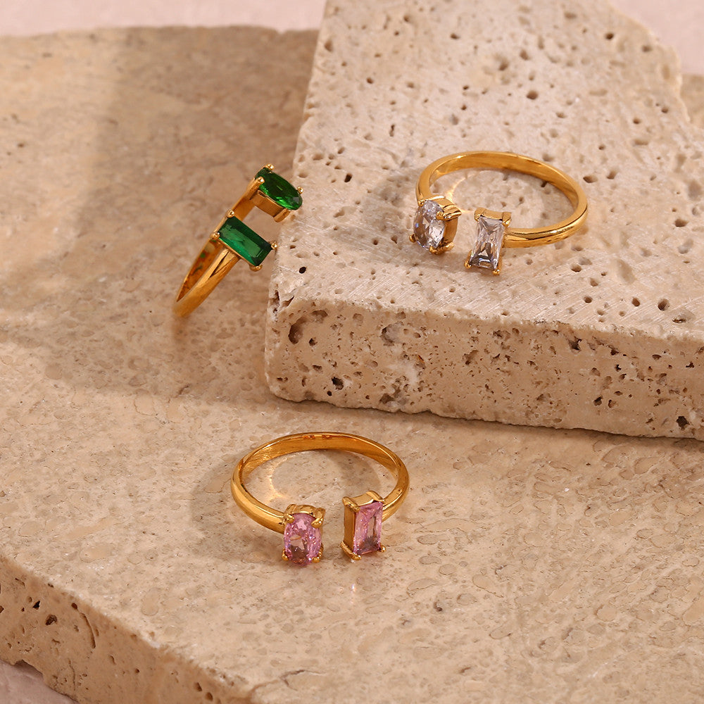 18k Gold Open Adjustable Size Water Drop Square CZ Stainless Steel Bling Rings