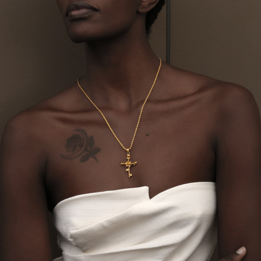 Women&#39;s 18k Gold Waterproof Designer Birth Month Flower Cross Tarnish Free Necklace