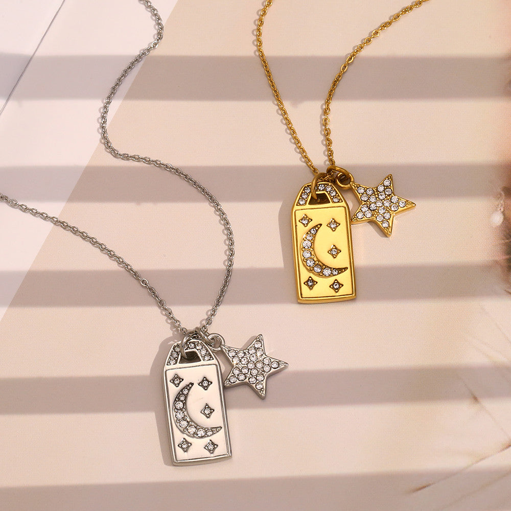 18K Gold Waterproof Stainless Steel Square CZ Moon Star Bling Tarnish Free Pendant