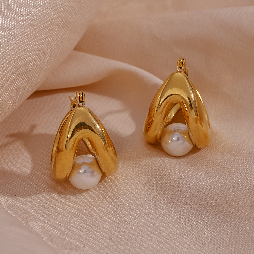 Stainless Steel Water Resistant Double Layers Synthetic Pearl Hoop Bling Earrings