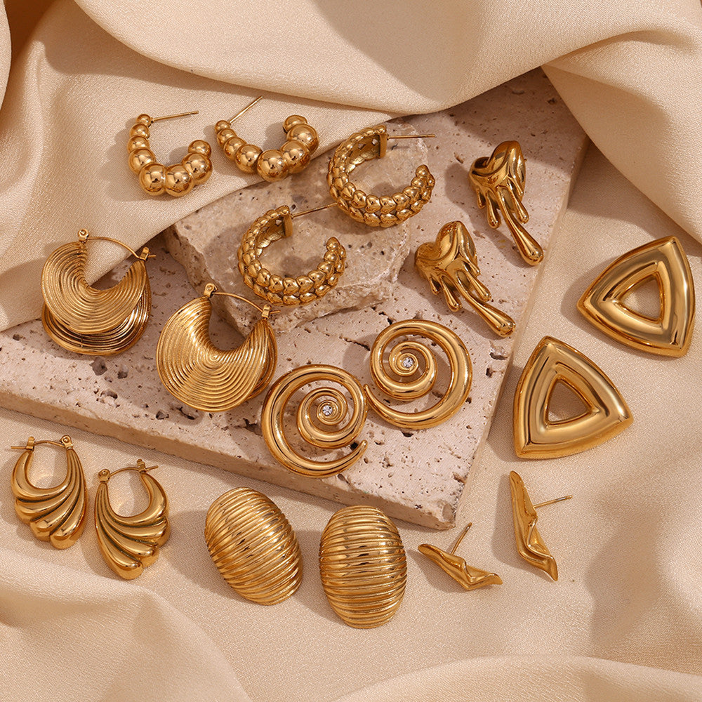Ladies 18k Gold Stainless Steel Waterproof CZ Assortment Wave Sea Shell High Fashion Earrings
