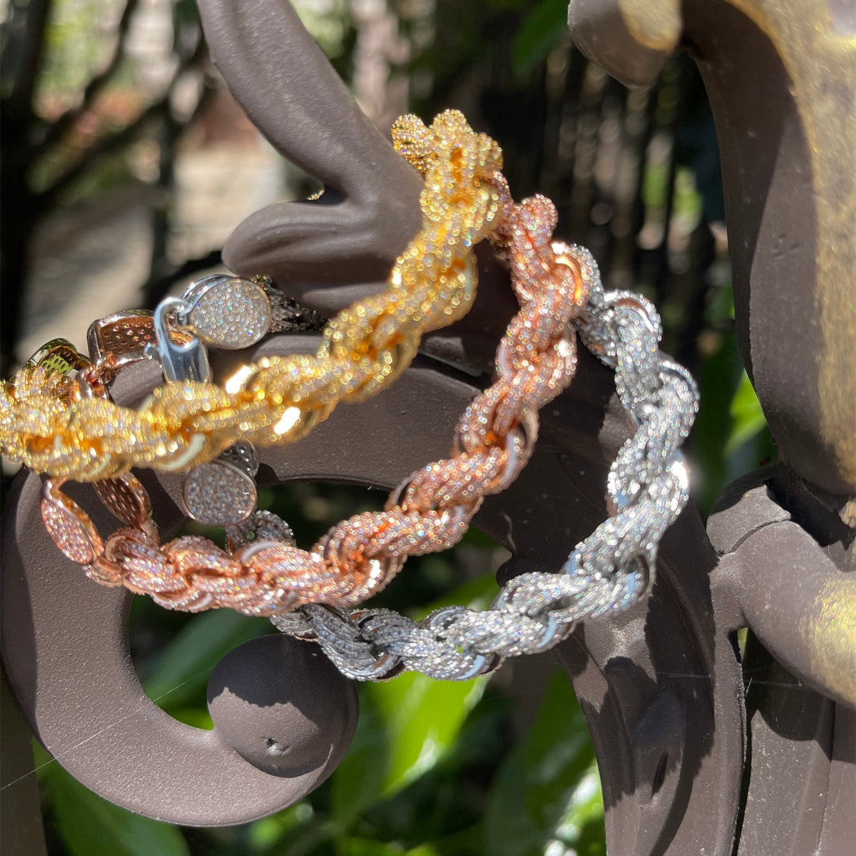 24k Gold 925 Silver 9mm Flooded Ice AAA Stone Rope Link Hip Hop Bracelet