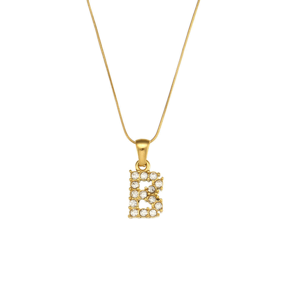 18k Gold Stainless Steel Thin Snake Chain 3A Zircon Stone Paved Initial Necklace