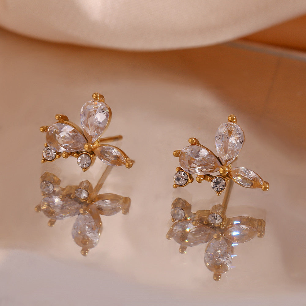 Elegant Flower Leaf 3A Cubic Zirconia 18k Gold Waterproof Stainless Steel Stud Earrings