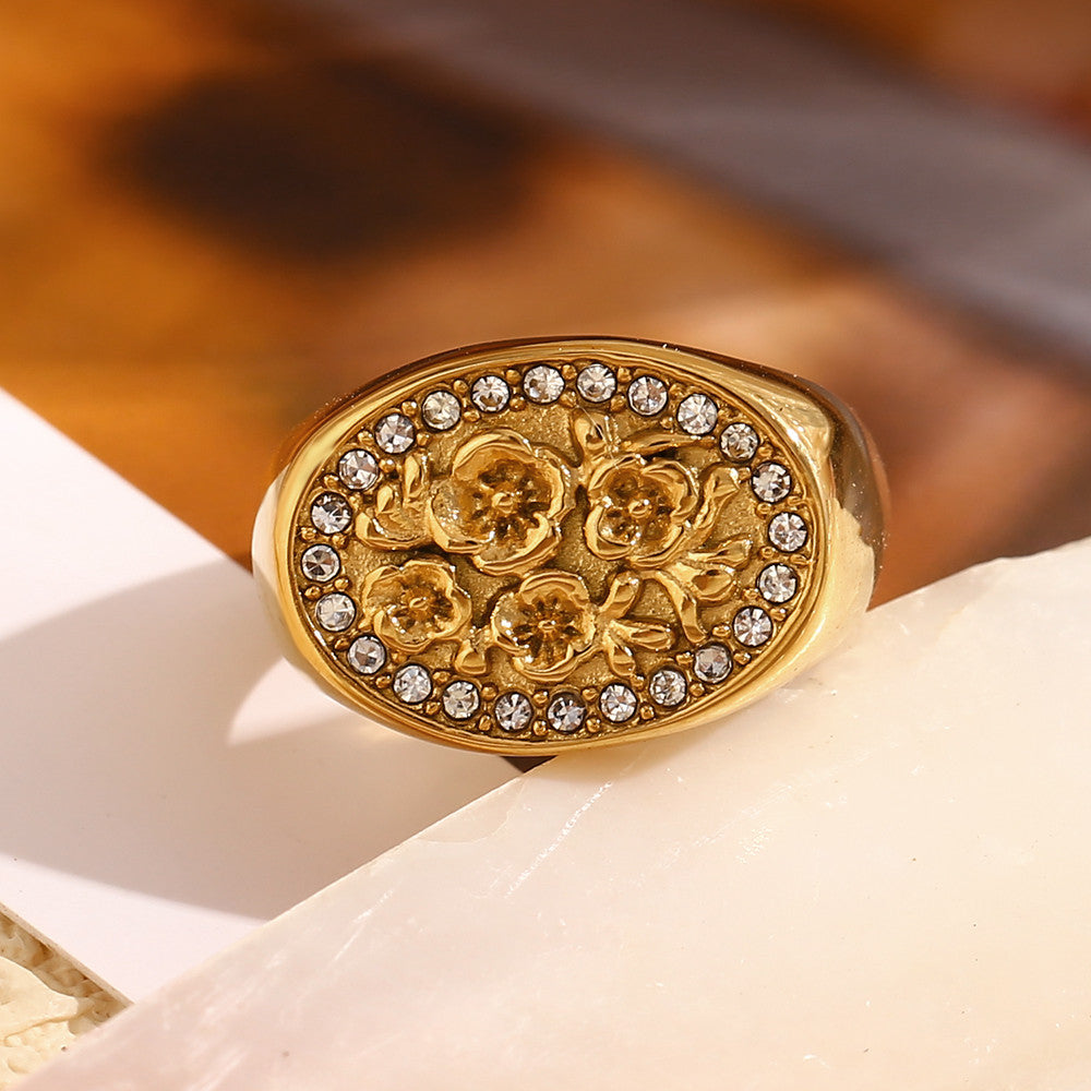 Ladies 18k Gold No Fade Stainless Steel Vintage Small Flower Waterproof Rings