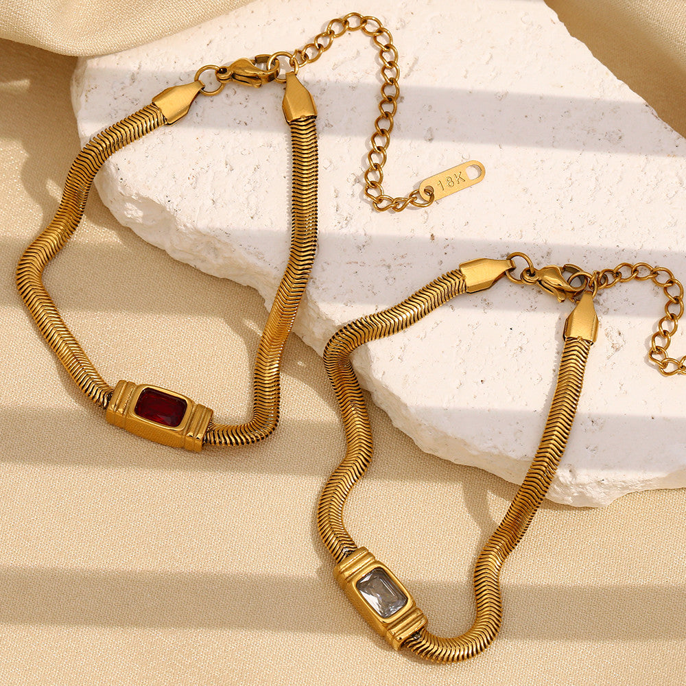 Women's 18k Gold Stainless Steel Waterproof Classic White/Red CZ Necklace Bracelet Set